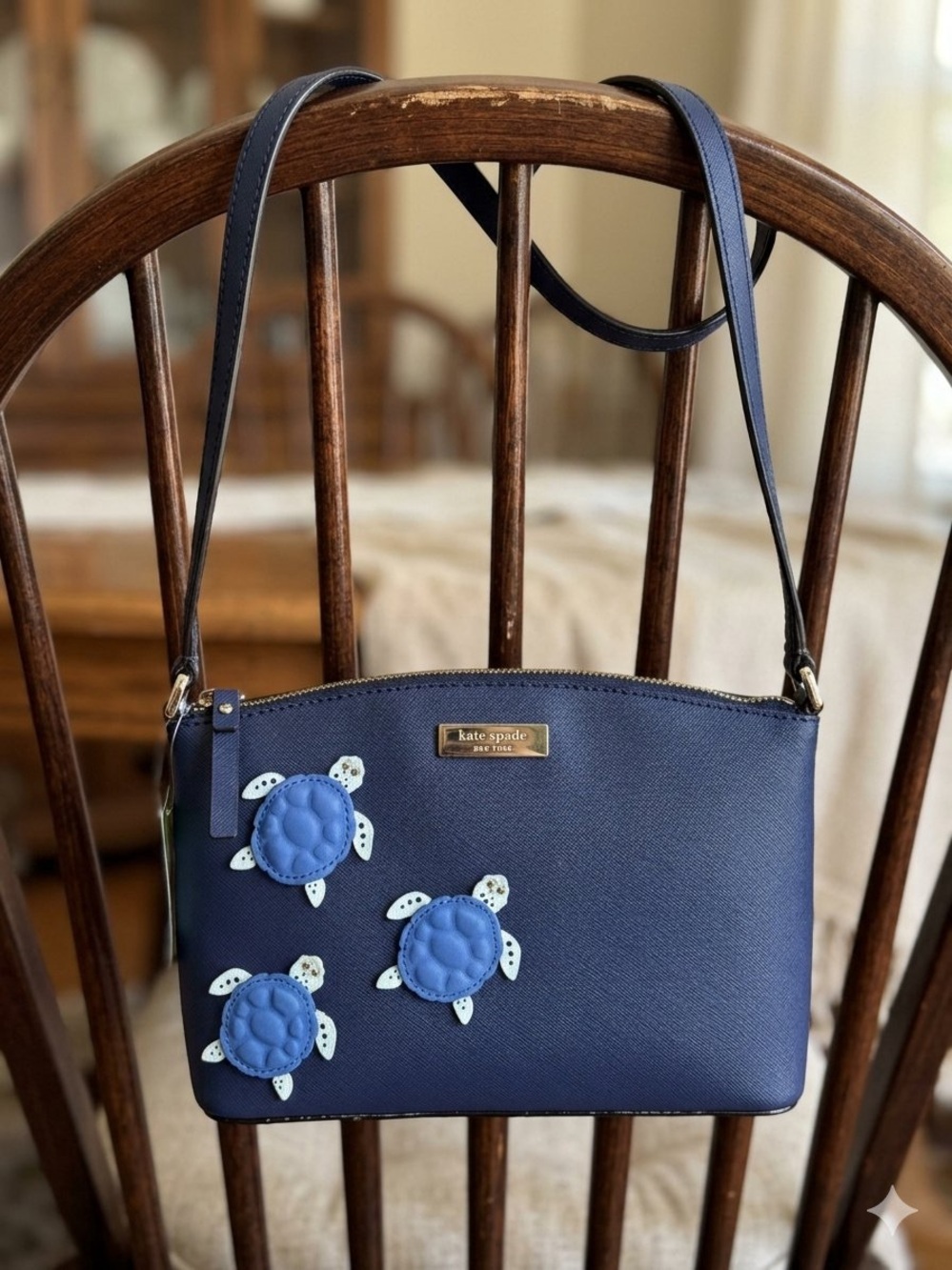 kate spade navy leather crossbody with blue sea turtle appliqués